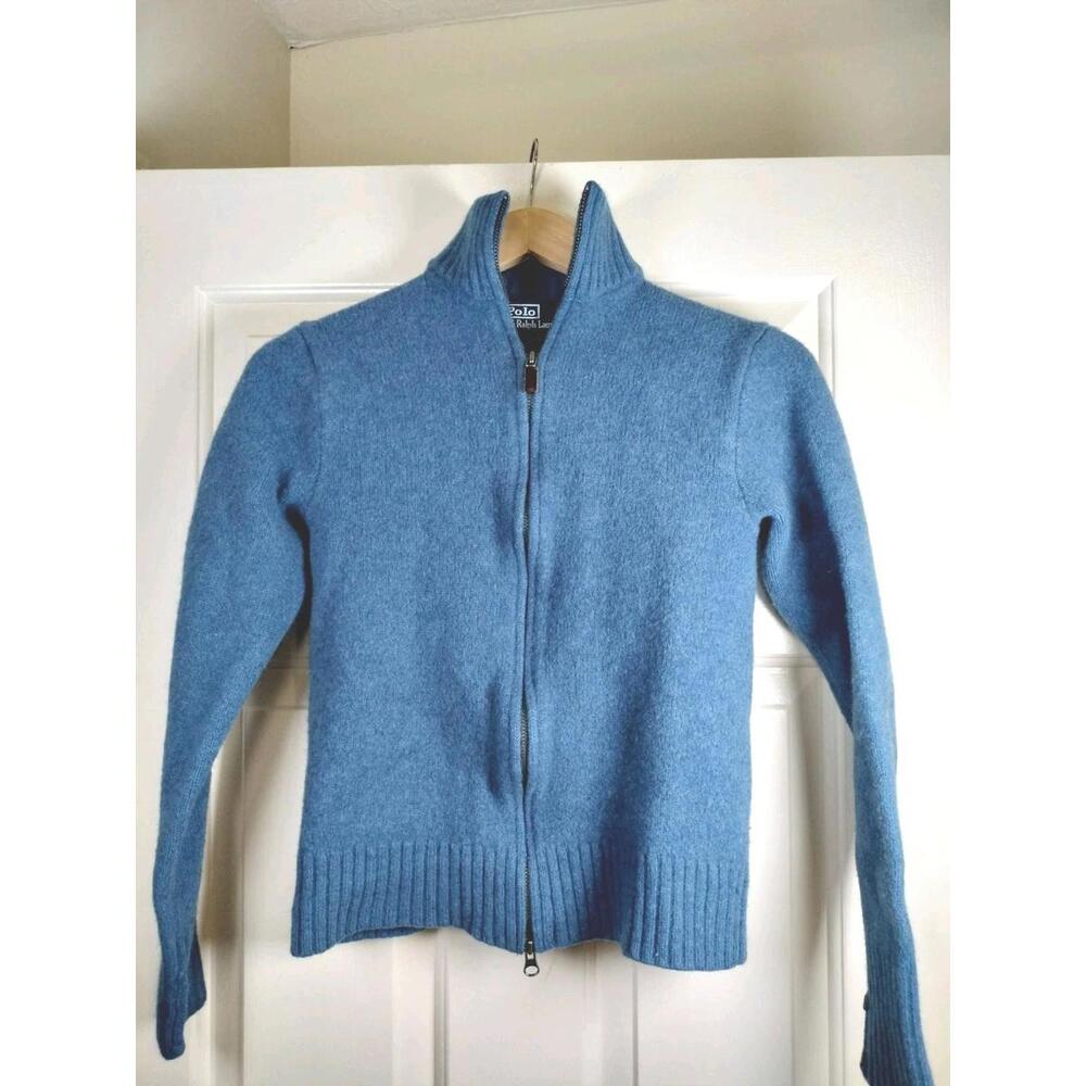Polo Ralph Lauren Full Zip Lambswool Sweater Blue Mens‎ Small Two-Way Zipper